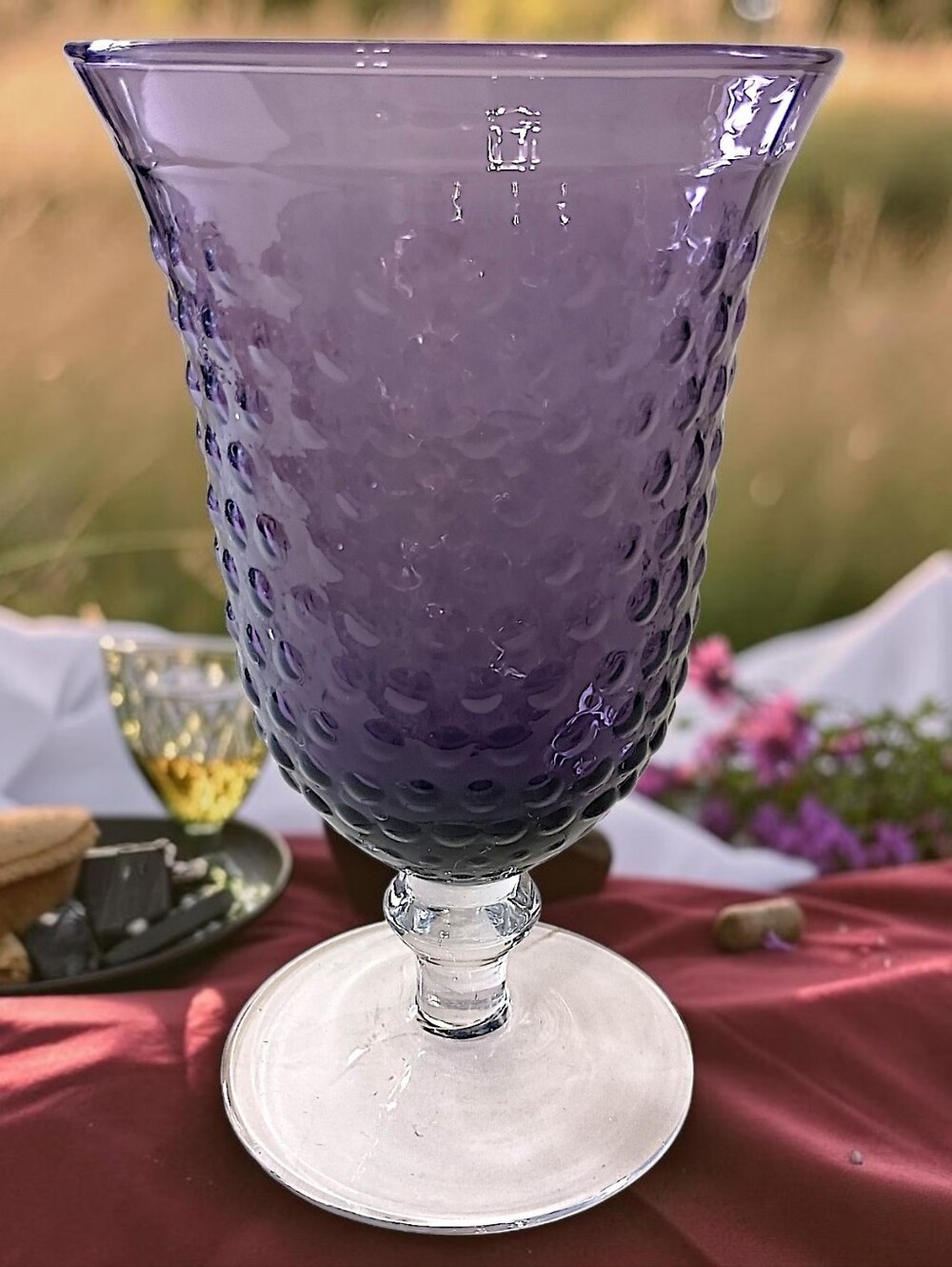 Hand Blown Amethyst Iced Tea Glass Goblet Art Clear Foot Bubble Texture Hobnail